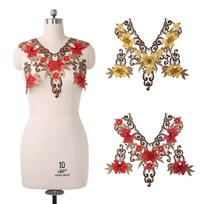 

1 1 Set Embroidery Trim Neckline Collar Cuffs Applique Patches Polyester Lace DIY Clothes Sewing Red/Yellow Rose Flower Leaves