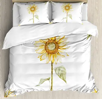 

Sunflower Duvet Cover Set Sunflowers with Watercolor Painting Effect and in Minimalistic Design Artwork Bedding Set Yellow Green
