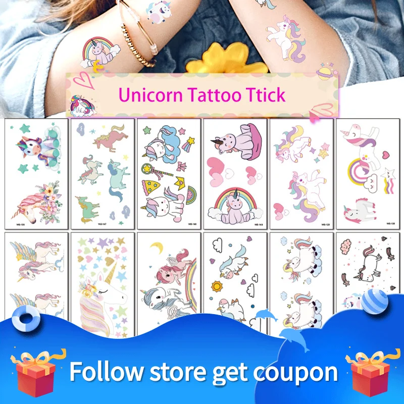 10PCS 105✖60mm Unicorn Children's Tattoo Stickers Temporary Waterproof Sweatproof Cartoon Decorate Body Art Cute Girl Gift Kid 15 28cm japanese cute soft girl heart cartoon bear pet color flower arm waterproof tattoo stickers