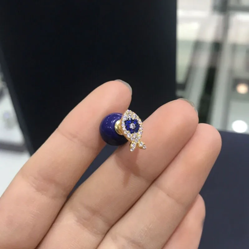 UMGODLY Luxury Brand 1PC Yellow Gold Color Lucky Eye Fish Lapis Stud Earrings Pave Cubic Zirconia Women Fashion Jewelry | Украшения и