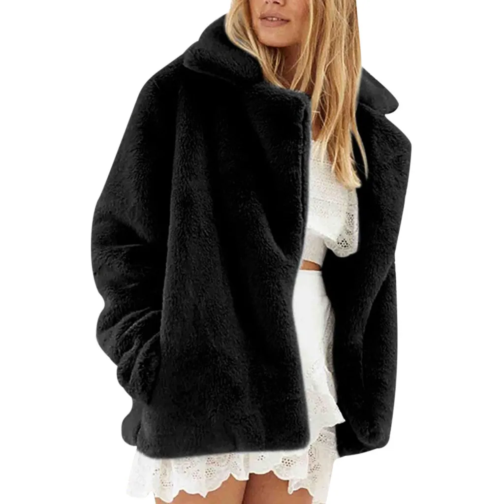 Женское плюшевое пальто, зимнее теплое пальто из искусственного меха, пальто с длинным рукавом и отложным воротником, плюшевое пальто, верхняя одежда с карманами, флисовая куртка, пальто оверсайз - Цвет: Black