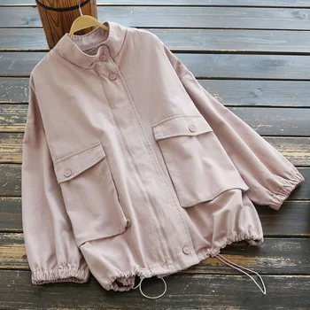 

Jackets for Women Japanese Tooling Style Long Sleeve Big Pockets Stang Collar Zipper Wide Waisted Coat 2020 Spring Cotton Jacket
