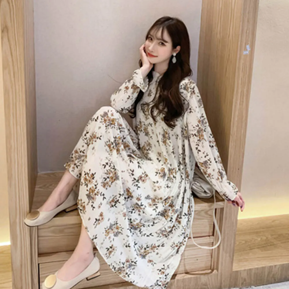 Женское шифоновое платье с поясом длинным рукавом и цветочным принтом | Женская