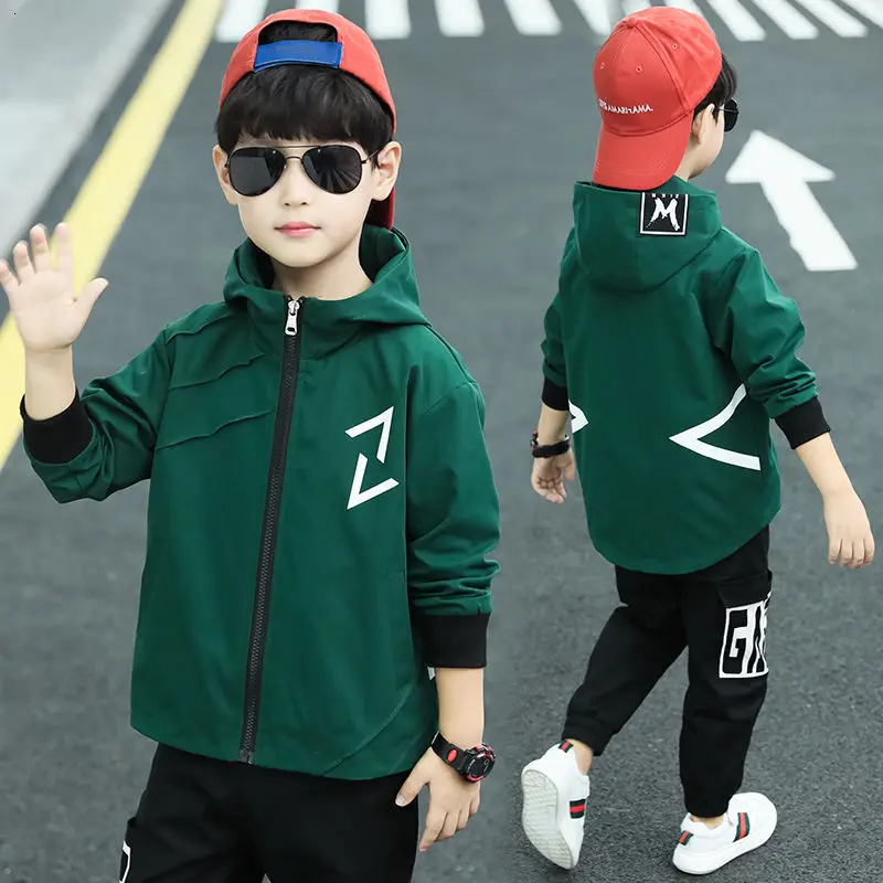 Детская куртка с капюшоном весенне-осенняя ветровка для мальчиков-подростков одежда Верхняя одежда Пальто детское пальто Верхняя одежда спортивная одежда - Цвет: Blackish green
