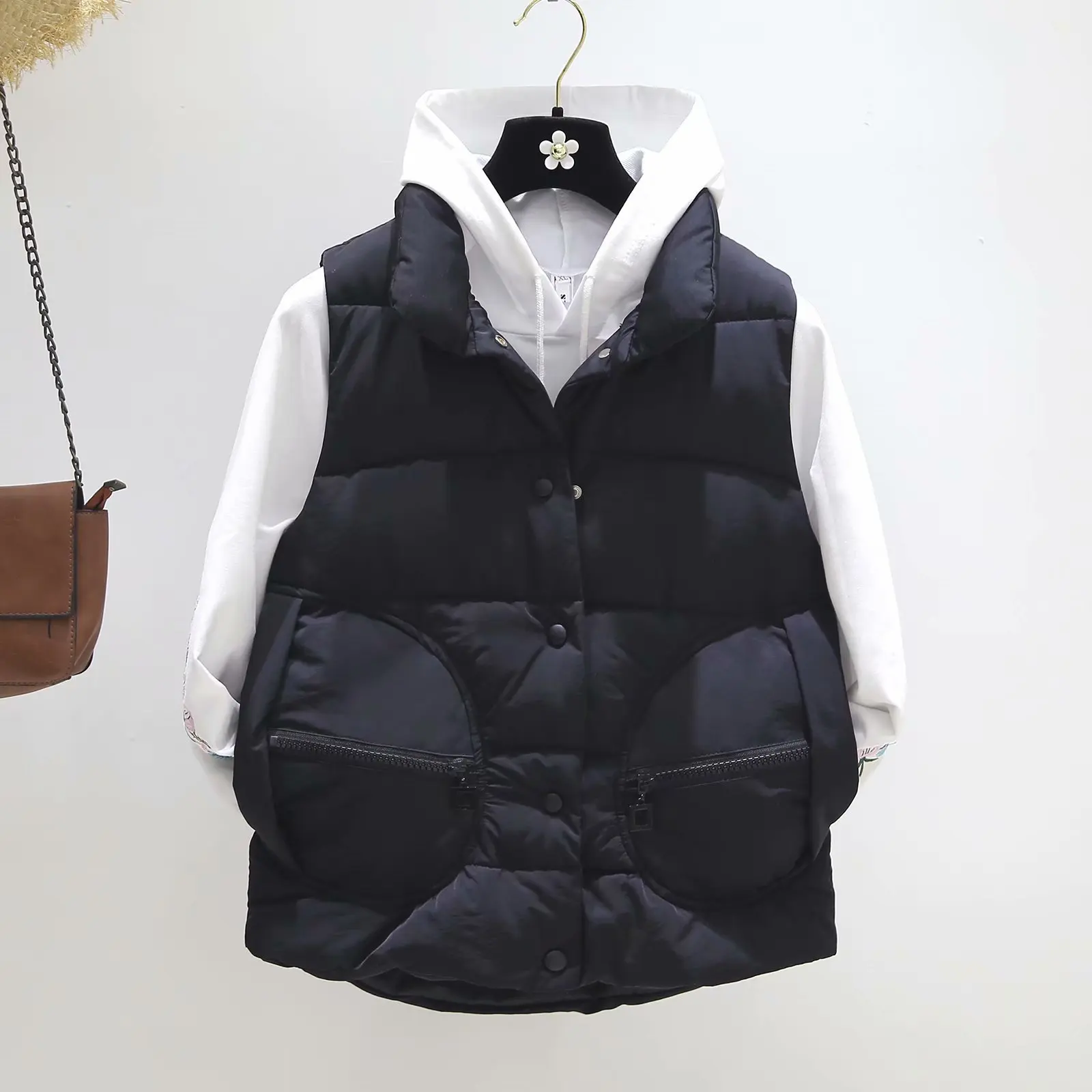 

59bg-mj6004 Korean-style WOMEN'S Wear 2019 Autumn And Winter New Style Loose-Fit Stand Collar Zipper Pocket Cotton Vest Coat Wom