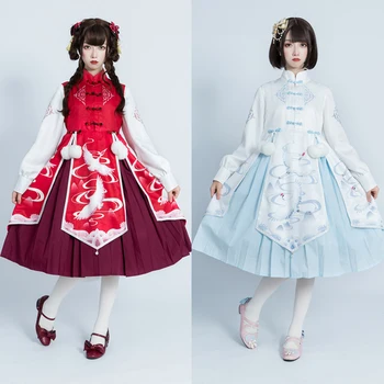 

Antique Chinese Style Crane Printed Element Traditional Lolita Improve Slim Dress Sweet Women's Cosplay Retro Princess Dress