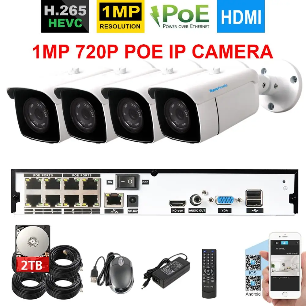 Система видеонаблюдения TOPROHOIME 8CH 5MP H.265 + POE NVR kit 4Pcs 48V 1.0MP 720P наружная