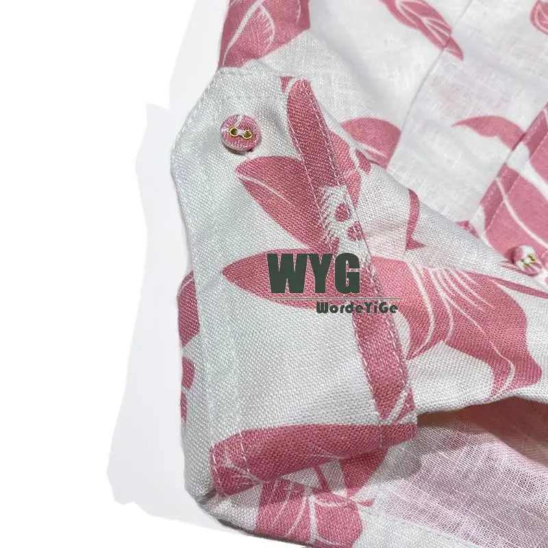 Linen Jumpsuit For Woman 2020 Summer New Fashion Blogger Style Pink Leaf Print Short Sleeve Elegant Casual Rompers