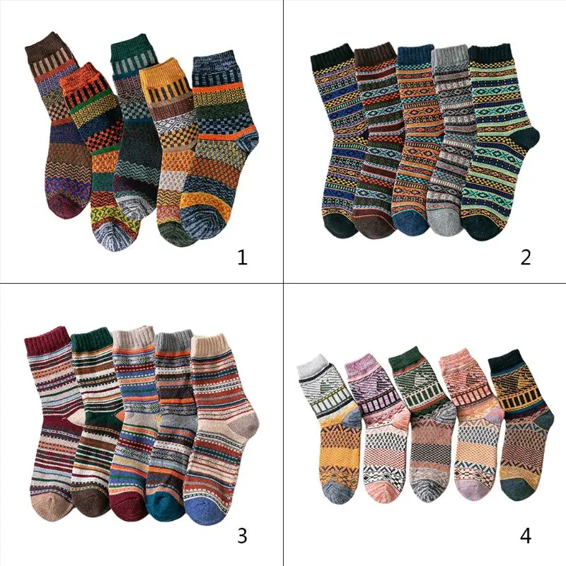 5 Pairs Ethnic Mens Chunky Knit Crew Socks Geometric Stripes Winter Warm Hosiery