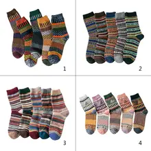 5 Pairs Ethnic Mens Chunky Knit Crew Socks Geometric Stripes Winter Warm Hosiery