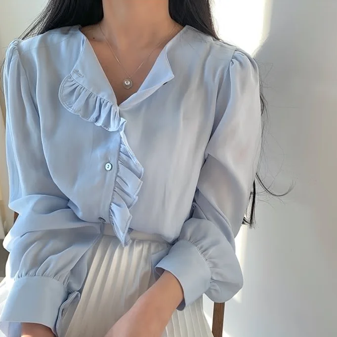 

Autumn Ruffle Trim Kawaii Cute Blouses Femme Long Sleeve Single Breasted Loose Casual Tops Mujer Elegant Vestidos Blusas Mujer