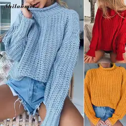 2019 Модный осенне-зимний пуловер свитер, однотонный желтый джемпер, повседневный женский свитер, водолазка, длинный рукав, трикотаж для