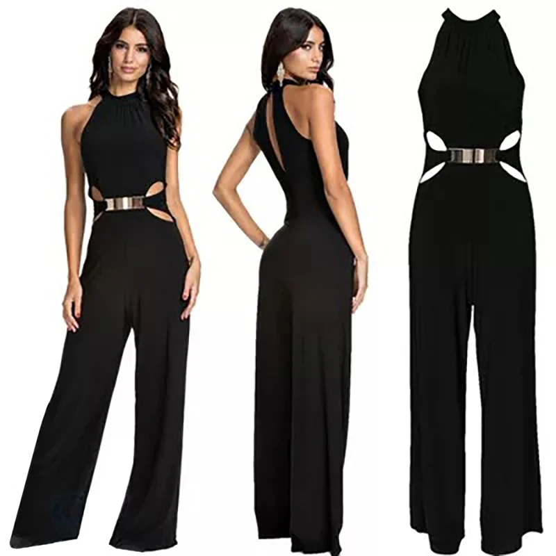 Elegant Lady Sexy Hollow Out Jumpsuits Women Black Set Sleeveless Loose Pants Jumpsuit