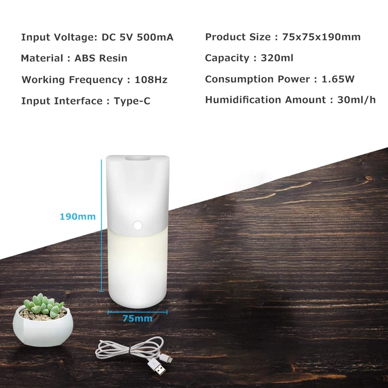 Портативный мини-увлажнитель воздуха с usb-питанием(, 320Ml увлажнитель, туманообразователь, настольный Автомобильный увлажнитель воздуха диффузор с ночной Светильник, 8 часов • Автоматическое отключение