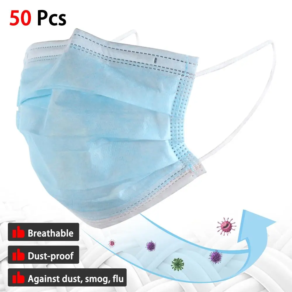 

50PCS Disposable Protective Mask 3 Layers Dustproof Facial Protective Cover Masks Earloop Face Mouth Masks White Blue
