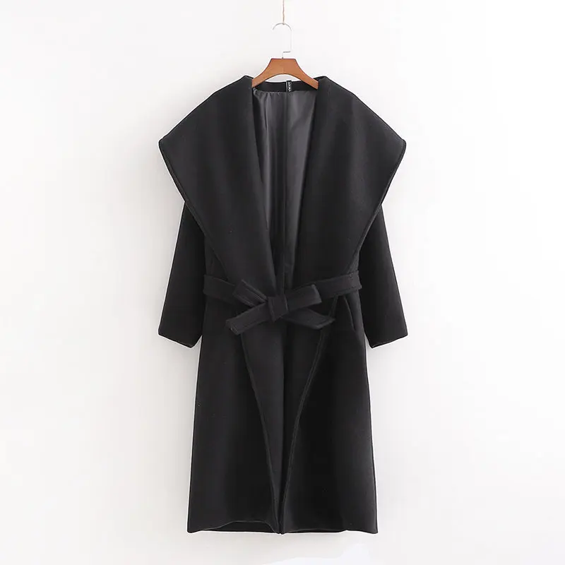 ZA, осенне-зимнее шерстяное пальто, Женское пальто с большим воротником и поясом, теплая Повседневная модная женская верхняя одежда, шерстяное пальто, парка, женская одежда - Цвет: black
