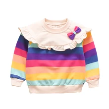 Детская толстовка модная детская одежда для маленьких девочек Разноцветные радужные худи в полоску с кружевным бантом и длинными рукавами Топы От 0 до 2 лет