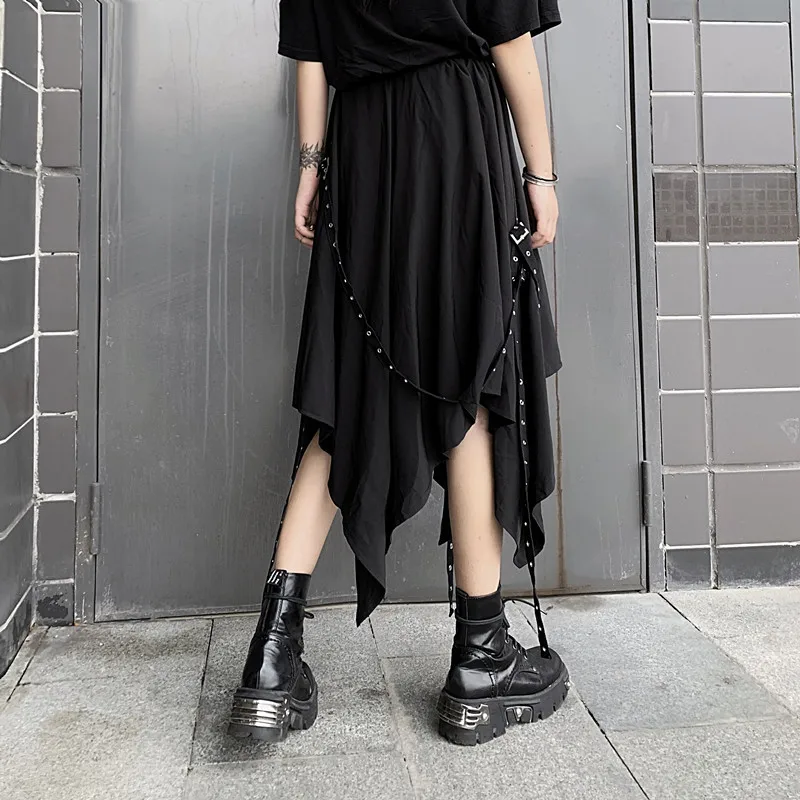 Готический, панк, черный лента юбка женская уличная строчка Пряжка стандартная юбка Свободная Повседневная мода Высокая талия длинная юбка