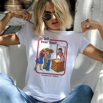 

Satanic T Shirt Women Demon Grim Death Satan Sell Your Soul Print T-shirt Femme Harajuku Horror Psychedelic Fashion White Tshirt