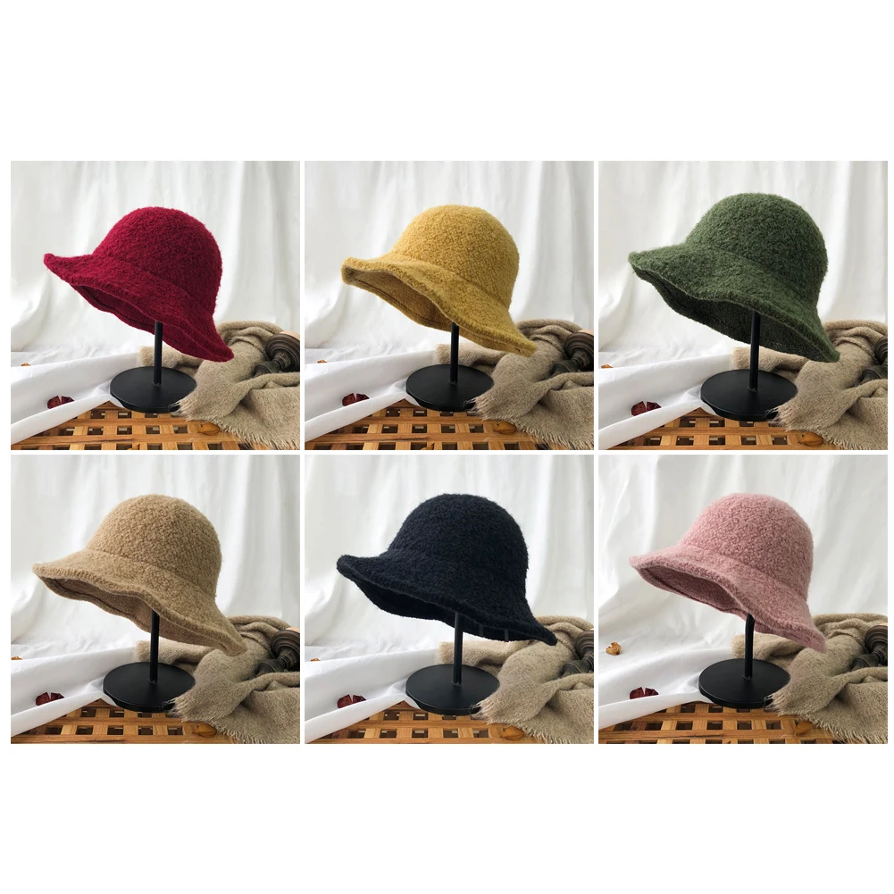 Шерстяная Рыбацкая шапка, женская зимняя вязаная Панама, складная теплая шерстяная шляпа, уличная шляпа рыбака, шапки в Корейском стиле, одноцветная Панама