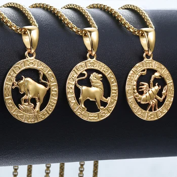 Men’s Women’s 12 Horoscope Zodiac Sign Gold Pendant Necklace Aries Leo Wholesale Dropshipping 12 Constellations Jewelry GPM24