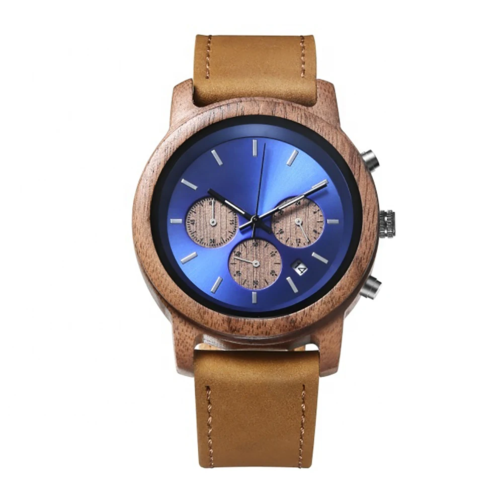 

Wooden Watch Casual Men Luxury Wood Chronograph Sport Outdoor Japan Quartz Walnut Wood with Leather Strap