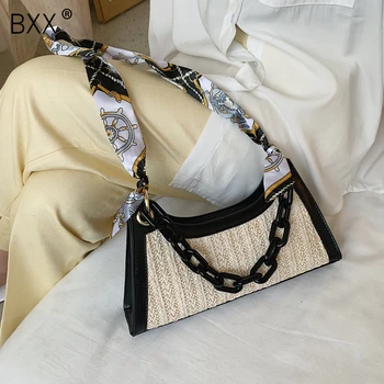 

[BXX] Straw Beach Bag Crossbody Bag For Women 2020 Summer Scarves Design Shoulder Messenger Handbag Lady Chain Travel Bags HL908