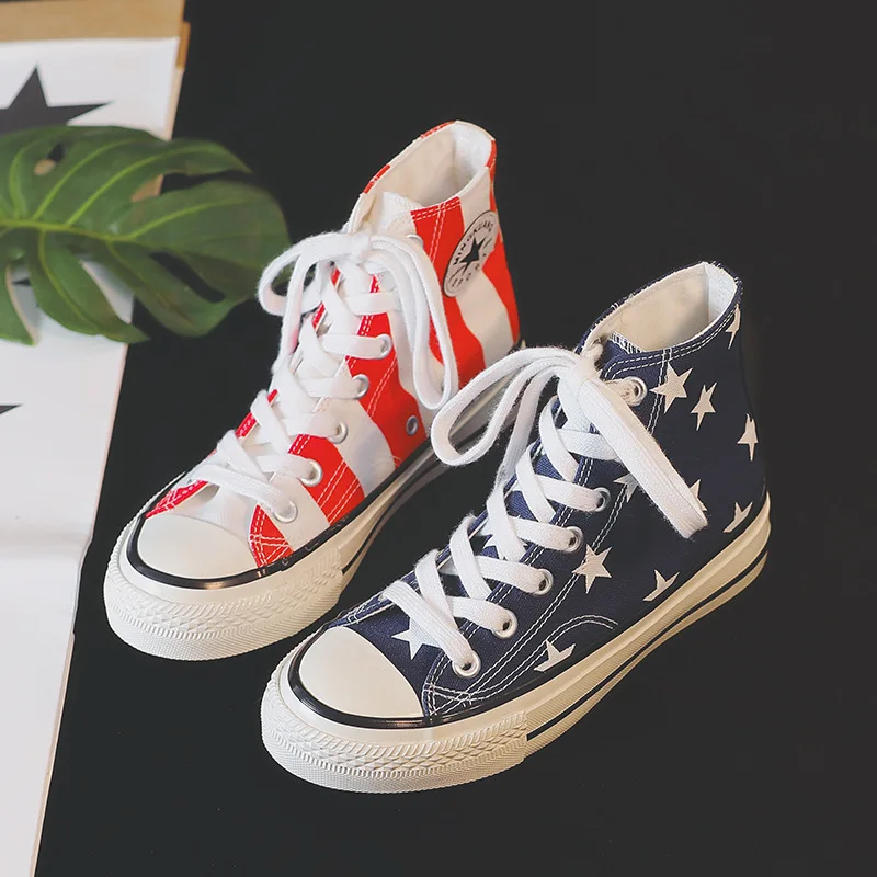 

Fashion Women's Shoes Star Flag Engraved Printed Canvas Shoes Spring and Autumn New Wild Sports Shoes Striped Casual Women Shoes