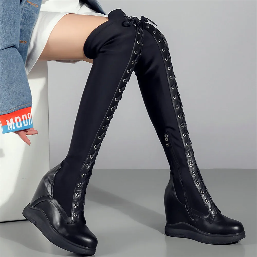 2021 Platform Pumps Shoes Women Genuine Leather Wedges High Heel Over The Knee Boots Female Stretchy Thigh High Fashion Sneakers