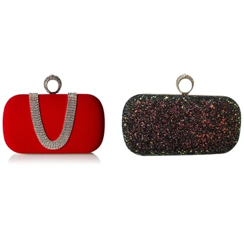 

Women Elegant Glitter Lock Clasp Purse Chain Handbag (Black) & Suede Velvet Rhinestone Stud One Ring Bag(Red)