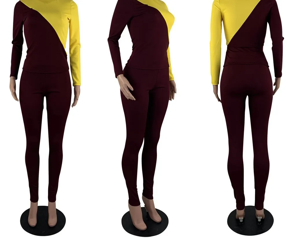 Зимний женский комплект 2 шт. на молнии спереди нагрудник цветной лоскутный тонкий длинный рукав свитер вязаный костюм топ+ брюки женская одежда
