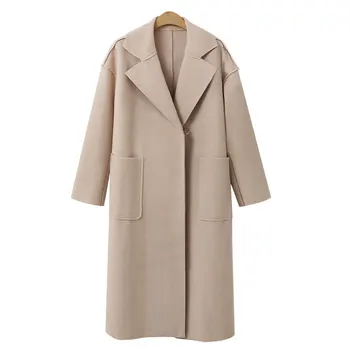 

Vogue Elegant Solid Wool Blend Jackets With Sashes Women Notched Collar Double Agrafe Long Sleeve Overcoats Female Streetwear