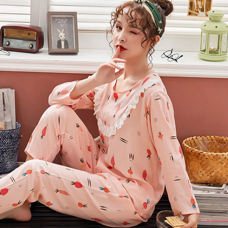 

Autumn Winter Women Pajamas Set New Thin Cartoon Printed Long Sleeve Cute Sleepwear Casual Homewear Cotton Female Pyjamas