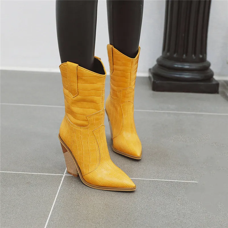 

Fashion 2019 Autumn Winter Pointed Toe Slip on High Heel Ankle Women Boots Block Heels Party Shoes Western Cowboy Boots