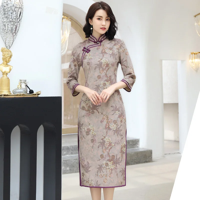 Осеннее платье до колена Cheongsam винтажное китайское платье с воротником-стойкой женское Замшевое платье Qipao тонкое вечернее платье Vestido M-4XL - Цвет: 5206