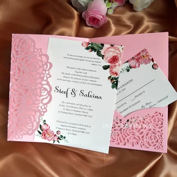 

Elegant Flower Printing Wedding Invitation Pink Laser Cut Pocket Invitations for Bridal Shower Birthday with Envelope