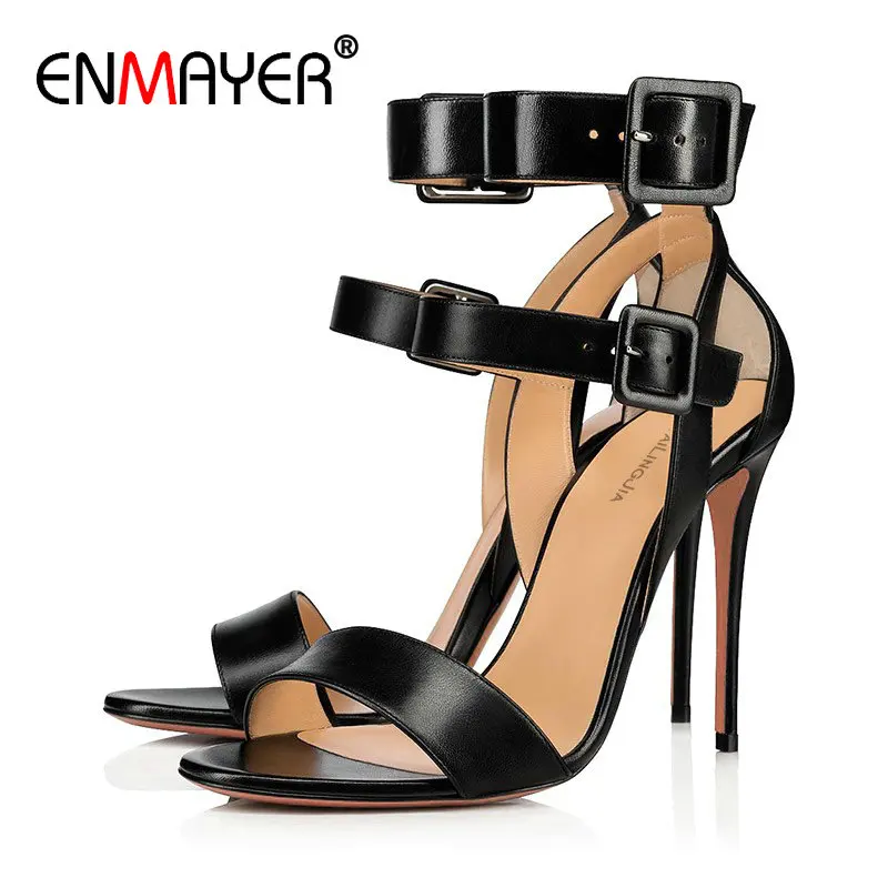 

ENMAYER Party Buckle Strap PU Solid Shoes Woman Fashion Cover Heel Buckle Thin Heels High Heel Sandals 2020 High Heels Basic