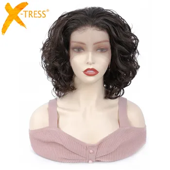 

Short Kinky Curly Synthetic Hair Lace Front Wigs For Black Women X-TRESS Ombre Brown Color African Hairstyle Lace Wig Free Part