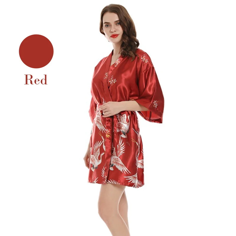Японский стиль Короткие свободные атласные Павлин Женская юката платье пижамы Восточный журавль кимоно хаори китайский Qipao ночная рубашка халат - Цвет: Red