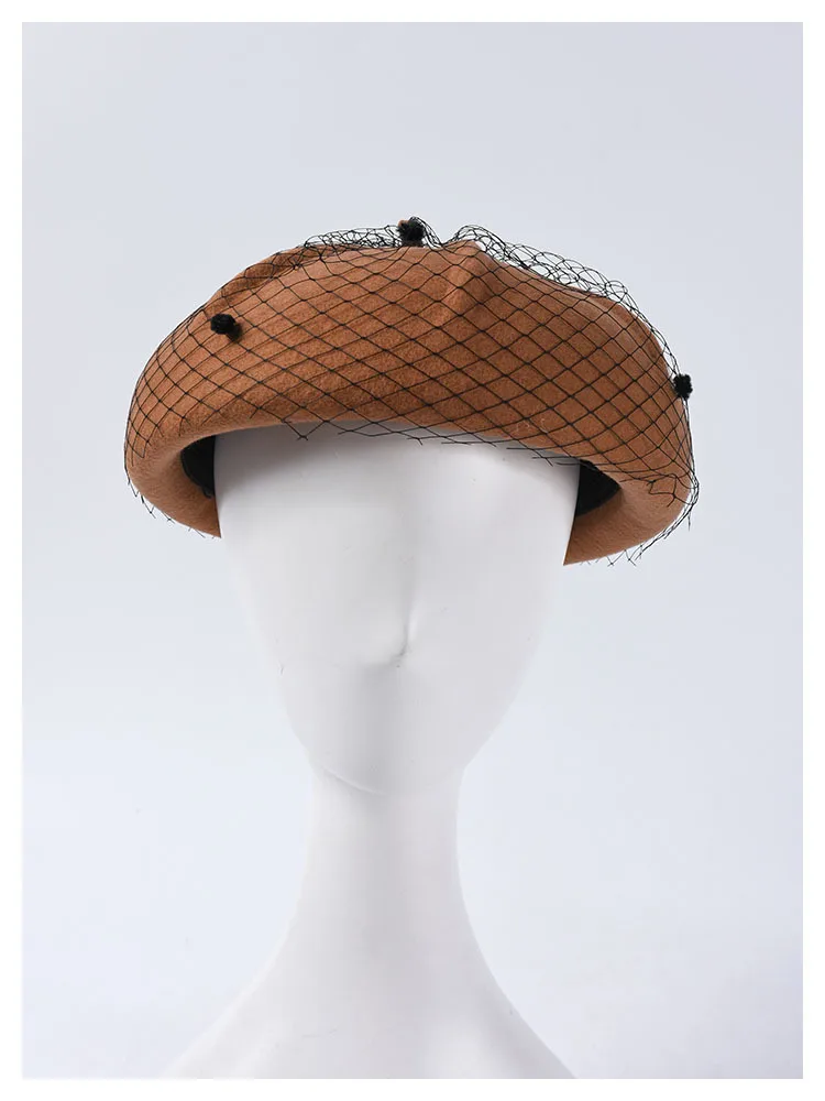 New Vintage Autumn Mesh Lace Beret Hat Female Korean Luxry Elegant Wool Beret Retro Women Solid Color Painter Hats Winter Cap