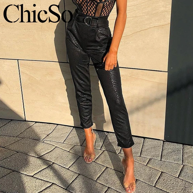 MissyChilli Высокая талия искусственная кожа брюки женские элегантные обтягивающие черные узкие штаны осень-зима сексуальные уличные стильные женские брюки