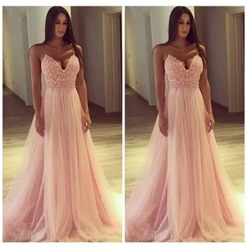 

BacklakeGirls Sexy V Neck Sleeveless Strap Lace Evening Dress For Wedding Party Formal Pink Tulle Dress Vestidos Longos De Festa
