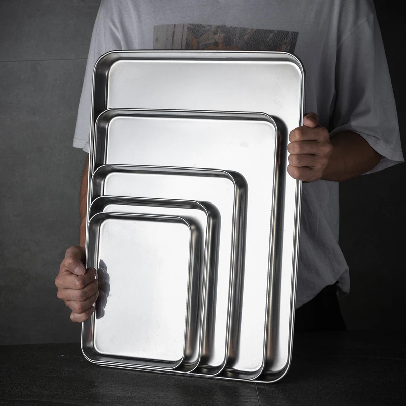 

Rectangle Household Steamed Stainless Steel Food Trays Sausage Noodles Storage Pans Fruit Water Kitchen Baking Pastry Dish Plate