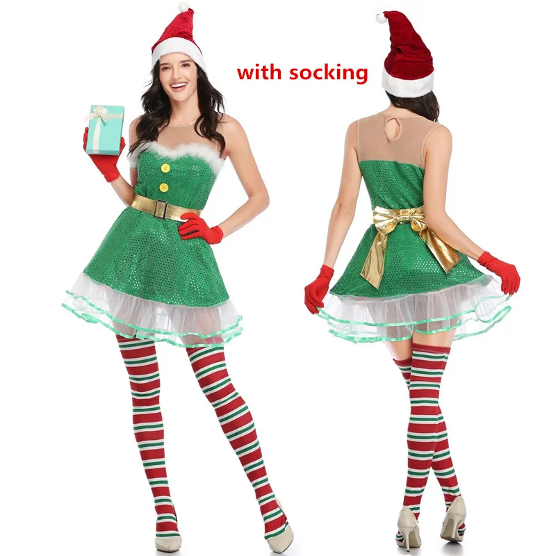 Mery/Рождественский комплект одежды, женское платье, сексуальный сетчатый лоскутный костюм Санта-Клауса со шляпой, носки, зеленые вечерние платья эльфа с блестками - Цвет: B