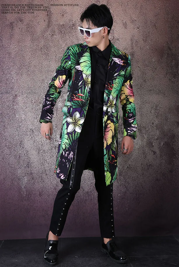 Для мужчин цветочный принт Slim Fit повседневный костюм, жакет мужской уличной моды хип хоп Блейзер Куртка Верхняя одежда сценическая одежда