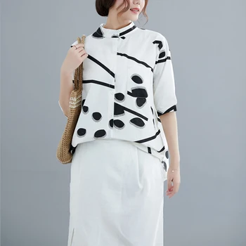 

COIGARSAM Casual Print Shirt Womens tops New Summer Cotton Linen Loose Stand Neck Women shirts White Apricot 7376