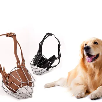 

Black Large Dog Muzzle Metal Wire Basket Leather Anti-bite Masks Mouth Cover Bark Chew Muzzle Pet Breathable Safety Mask