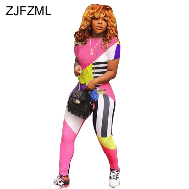 

Color Block Stripes Spliced Sexy 2 Piece Summer Outfits for Women Round Neck Short Sleeve Tops + Skinny Pencil Pants Sweat Suits