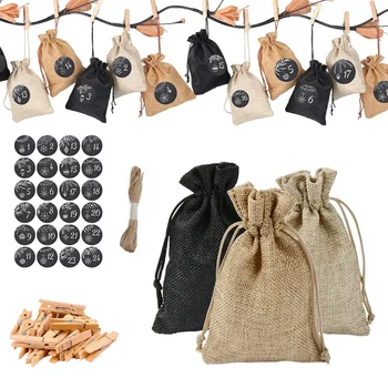 

Linen Gift Bag Set Calendar Sticker Christmas Halloween Candy Wrapping Hessian Drawstring Hemp Bags Burlap Gift Bags