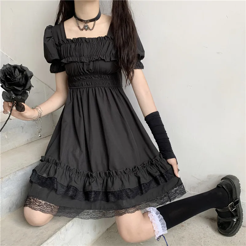 Japanese Women Victorian Gothic Square Collar Lace Ruffles Black Lolita Dress Summer Girls Steampunk Puff Sleeve Mini Dresses